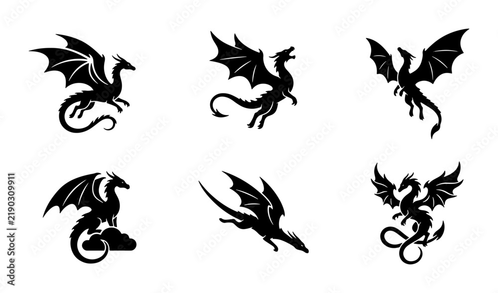 Fototapeta premium Dragon Silhouettes Vector Set: Mythical Creatures, Fantasy Icons, Medieval Beasts, Dark Fantasy Art