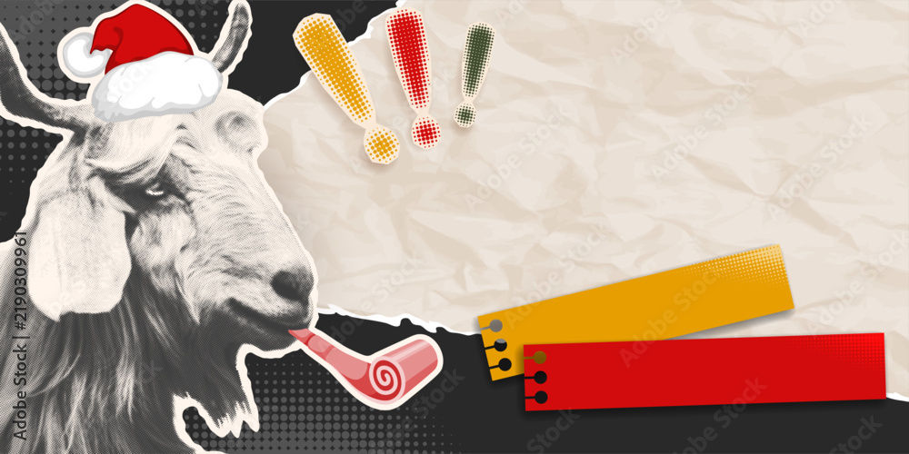 Obraz premium 2027 Chinese Lunar New Year funny retro banner template with halftone texture, newspaper cut goat head with Santa hat and blowing a party blower. Vintage collage design with goat portrait. Vector