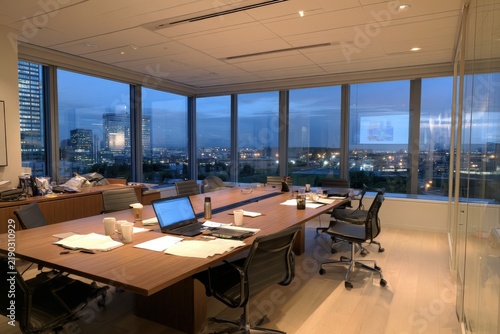 Modern conference room overlooks city skyline at dusk
