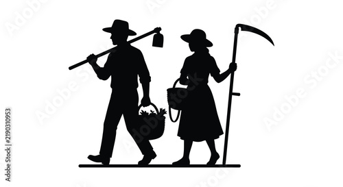 Foto Farmer and farmhand carrying tools and harvest black silhouette