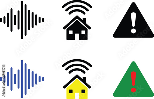 Minimalist smart home icon set, digital sound wave and warning triangle symbols, 6 vector elements for security apps