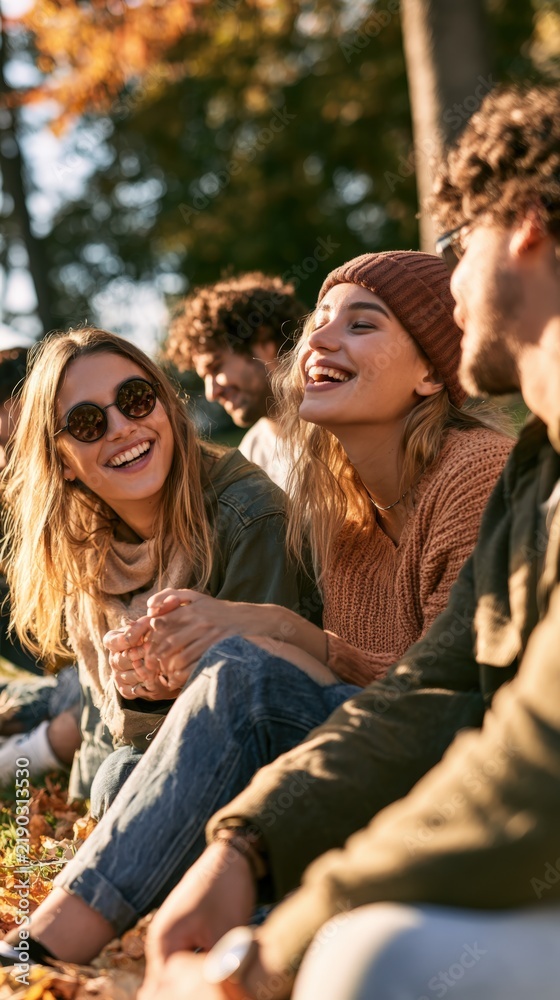 Obraz premium Sunlit autumn day, friends laugh together on fallen leaves