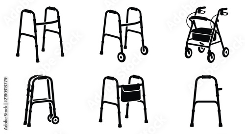 Collection of mobility aids including walkers and rollators in black silhouette