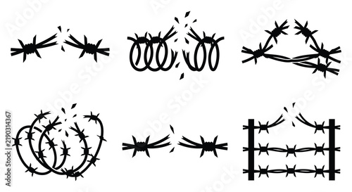Barbed wire silhouettes depict security fencing and restrictive boundaries