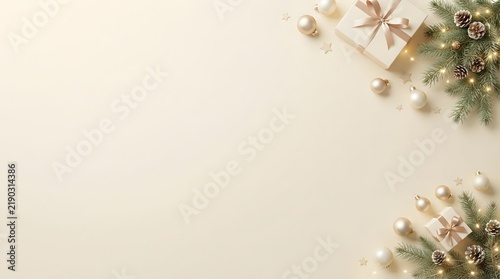 Minimalist beige chrismas background with pine branches and elegant gold ornaments for holiday design