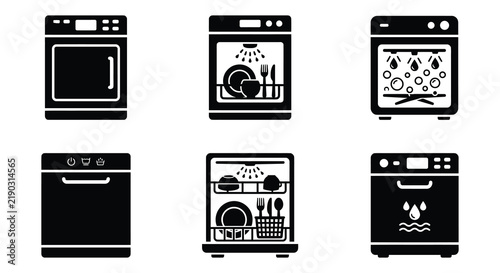 Six black silhouette dishwashers with varying control panel designs