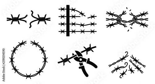 Barbed wire silhouettes depict security fencing and restrictive boundaries