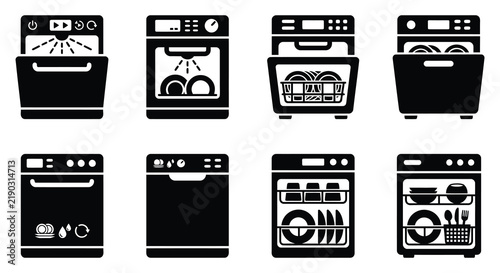 Six black silhouette dishwashers with varying control panel designs