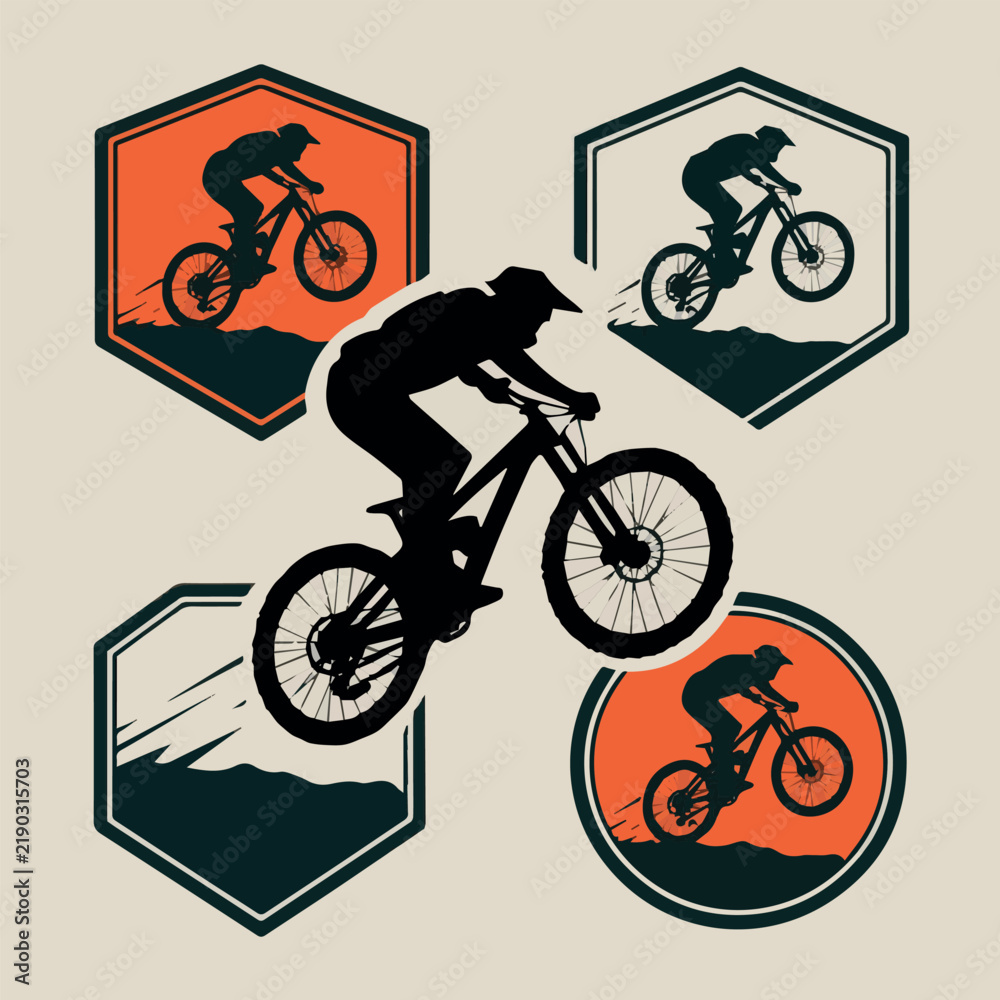 Obraz premium Create on Mountain bike rider emblem set vector illustration. Cyclist jumping on MTB bicycle. Extreme sport silhouette logo