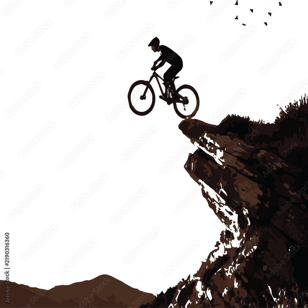 Fototapeta premium Create on Silhouette of Adventure A daring silhouette fearlessly rides a mountain bike off a cliff edge embodying the spirit of adrenaline and the thrill of the ride.