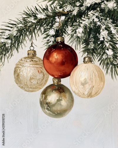 Vintage Christmas ornaments on snowy evergreen branch oil painting