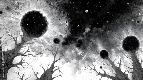 Monochrome surreal artwork showing dark sphere planets connected to bare tree branches in starry space sky.