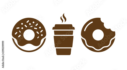 Graphic set featuring two brown donut icons and a coffee cup icon with steam representing breakfast or coffee break refreshments breakfast beverage doughnut illustration