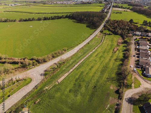 Heddon-on-the-Wall Northumberland UK: 2nd April 2026: Aerial drone view captures a section of the Roman Wall (Hadrian's) at Heddon Village in public park