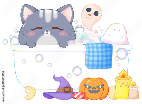 Quadro su tela Cute Kawaii Cat Taking Bubble Bath with Halloween Ghosts and Pumpkin