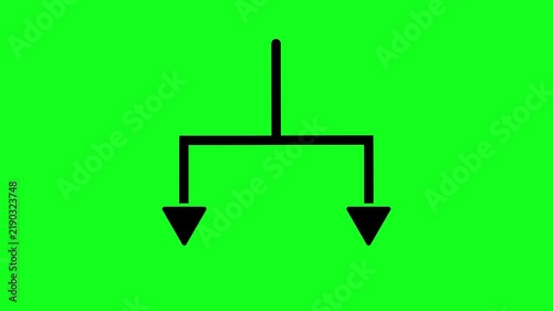 T-junction design with two downward arrows animation a bright, vivid green backdrop. HD Seamless loop video.