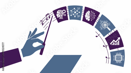 A minimalist flat vector of a human hand holding a digital baton, conducting a semi-circle of distinct AI agent icons arranged like an orchestra. High contrast white background with deep purple