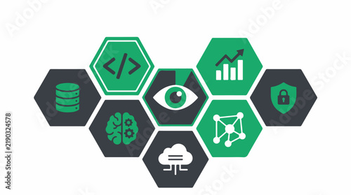 Flat vector design of interconnected hexagonal cells, each containing a unique symbol for a specialized AI agent (coding, data, logic), with a central human-eye icon representing oversight.