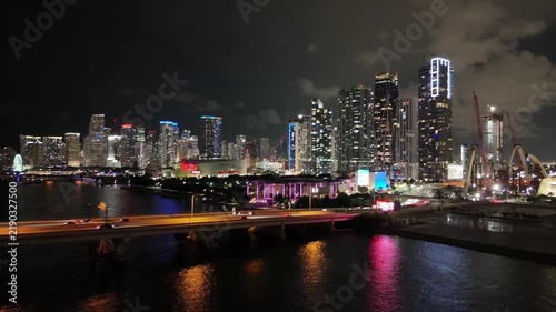Aerial view of the illuminated Miami skyline, United States.