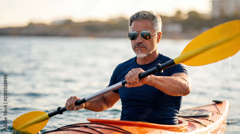 Obraz premium Middle aged man paddling sea kayak in bay. Sporty, muscular senior male in sunglasses rowing. Outdoor sport activity, rafting, active healthy lifestyle and leisure holiday.