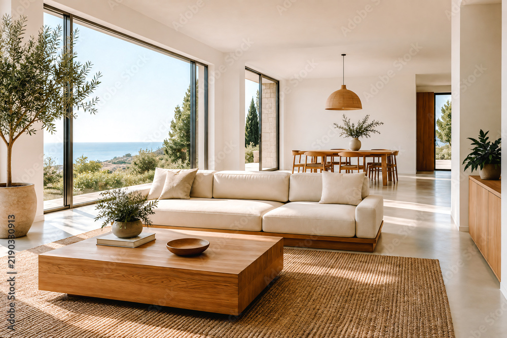 Fototapeta premium Salon avec canapé et meubles en bois avec grande baie donnant sur le jardin