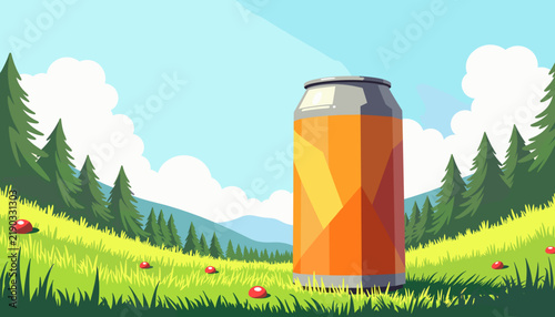 Aluminum drink can standing in a summer picnic meadow with trees, Oktoberfest celebrations  