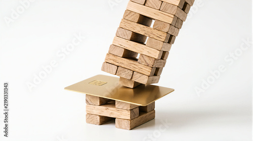 Wooden block tower collapsing over a gold credit card base, conceptual 3D render representing real estate financial risk, mortgage crisis, unstable debt and construction collapse.