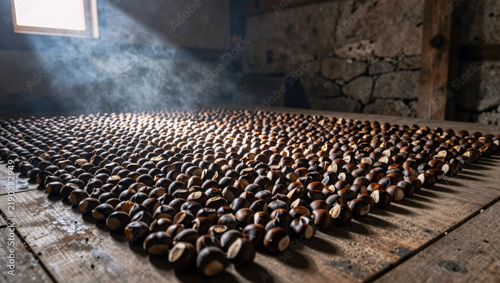 Fototapeta premium Chestnuts drying on a wooden floor in a smoky stone loft