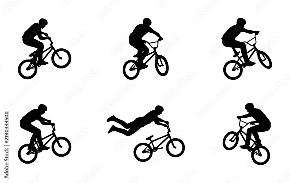 Fototapeta premium Six BMX cyclists performing stunts and tricks in silhouette