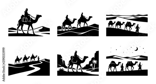 Camel caravan silhouette in desert landscape at sunset