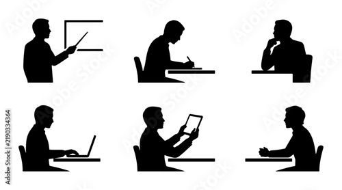 Silhouettes of people in various business and study activities