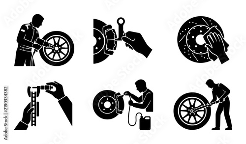 Car brake repair and maintenance icons