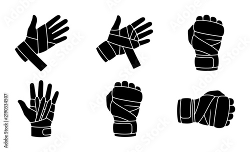 Set of black silhouettes of boxing hand wraps and gloves