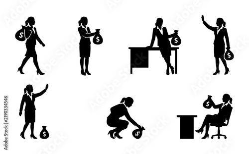 Business women with money bags silhouettes on white background