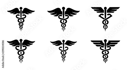 Six medical caduceus symbols on white background