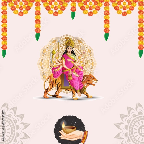 Goddess Durga Riding Tiger with Traditional Navratri Decoration