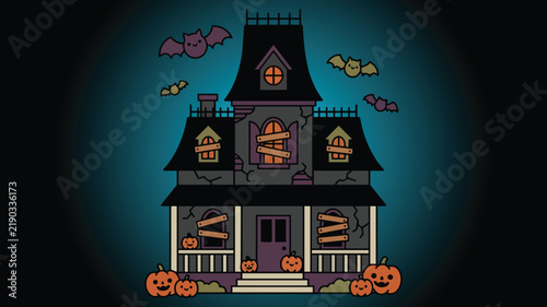 Gothic Halloween Haunted House Illustration with Moon and Jack O Lanterns