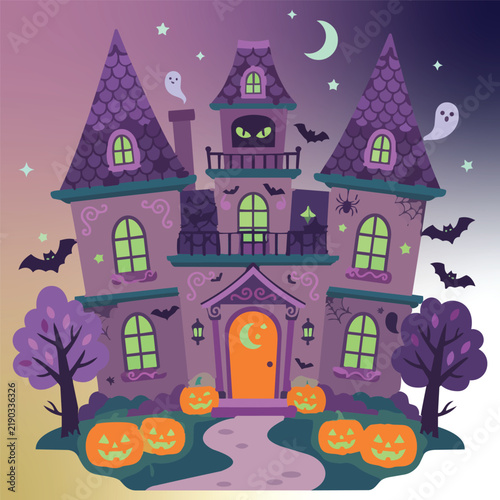 Halloween Night Landscape with Spooky Mansion Ghosts and Tombstone Vector