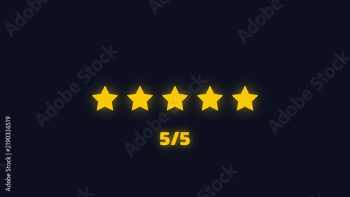 Five glowing golden stars against a dark background, symbolizing a perfect 5 5 rating, top tier quality, and customer satisfaction.