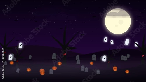 Spooky Halloween night with flying ghosts, glowing pumpkins, and gravestones under a bright full moon
