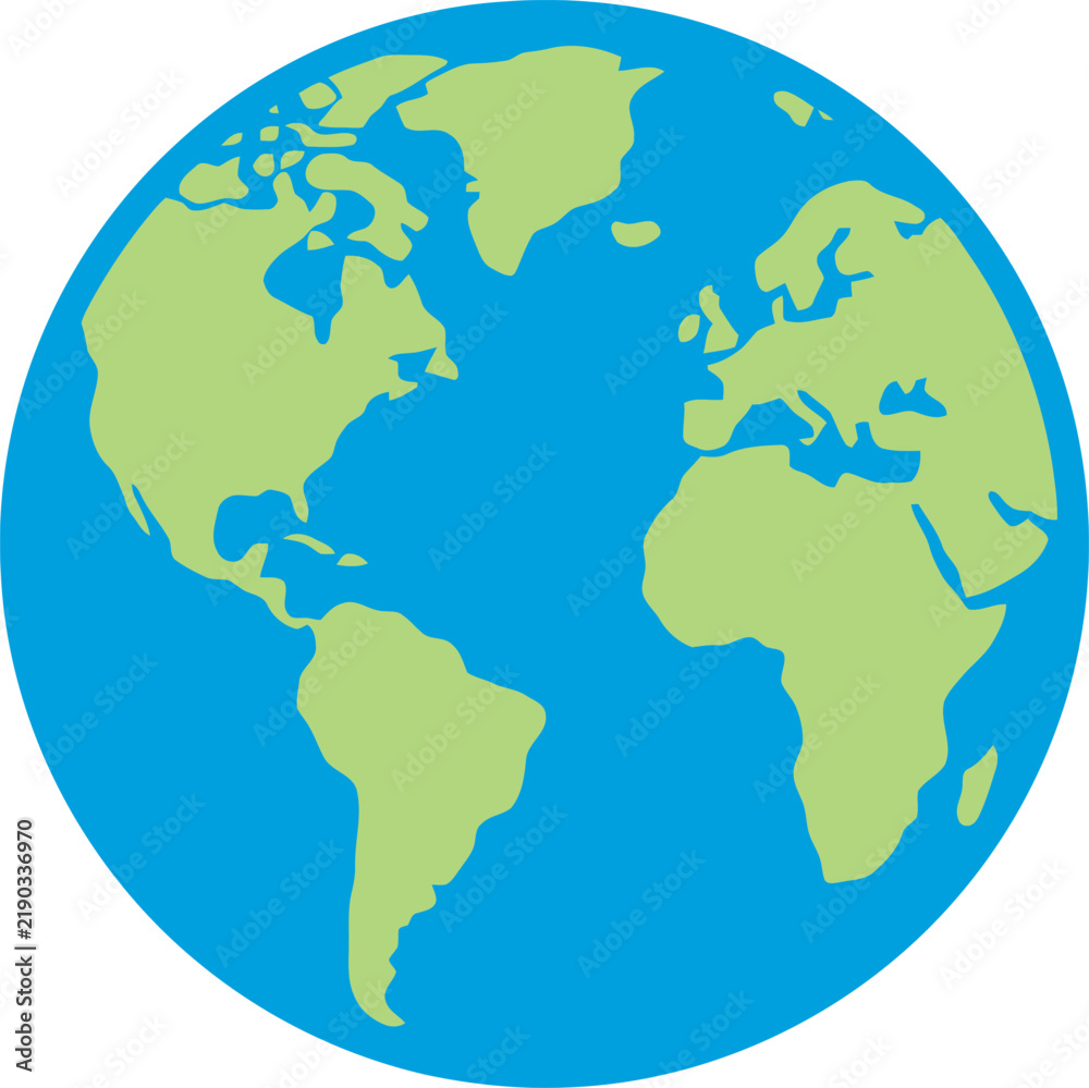 Obraz premium A stylized vector globe depicts continents and oceans in blue and green