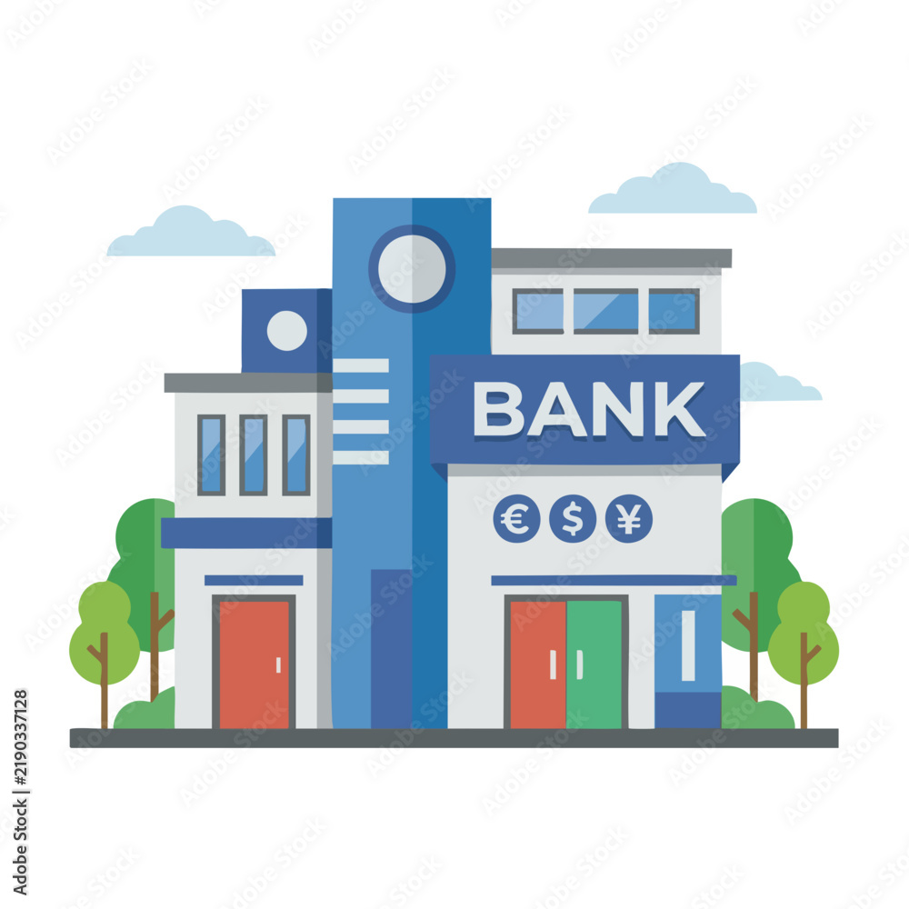 Fototapeta premium Modern bank building exterior with currency symbols in a flat vector style
