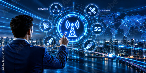 Man interacting with a futuristic 5g network and communication technology display