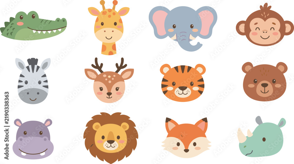 Obraz premium Cute wild animal faces vector collection featuring safari and forest creatures for kids design avatars stickers and patterns
