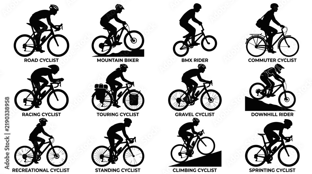 Fototapeta premium Cyclist silhouettes vector set showing various riding styles and bicycle types