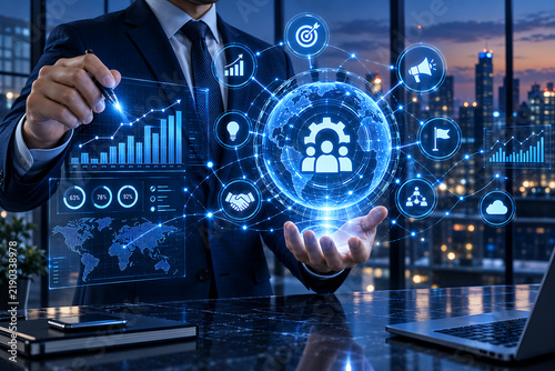 Businessman presenting digital network with global connections and business icons