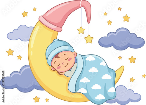 Bild auf Leinwand Cute cartoon baby sleeping peacefully on a crescent moon surrounded by night clo