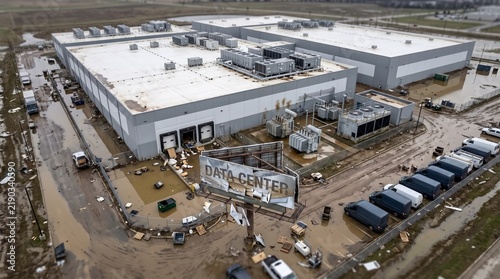 Aerial view of a large industrial warehouse facility with a data center sign and muddy parking lot.