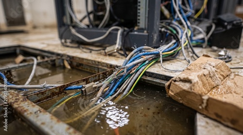 Flooded server room floor with exposed electrical cables and water damage.