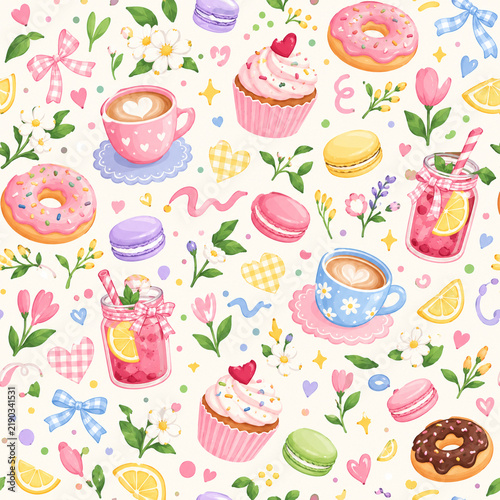 Cute Pastel Bakery Seamless Pattern with Cupcakes, Donuts, Macarons and Coffee